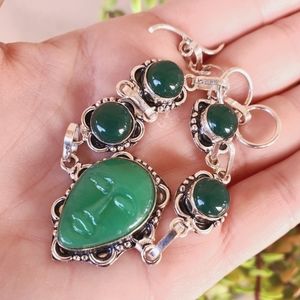 New Carved Face Green Onyx Silver Bangle Bracelet.